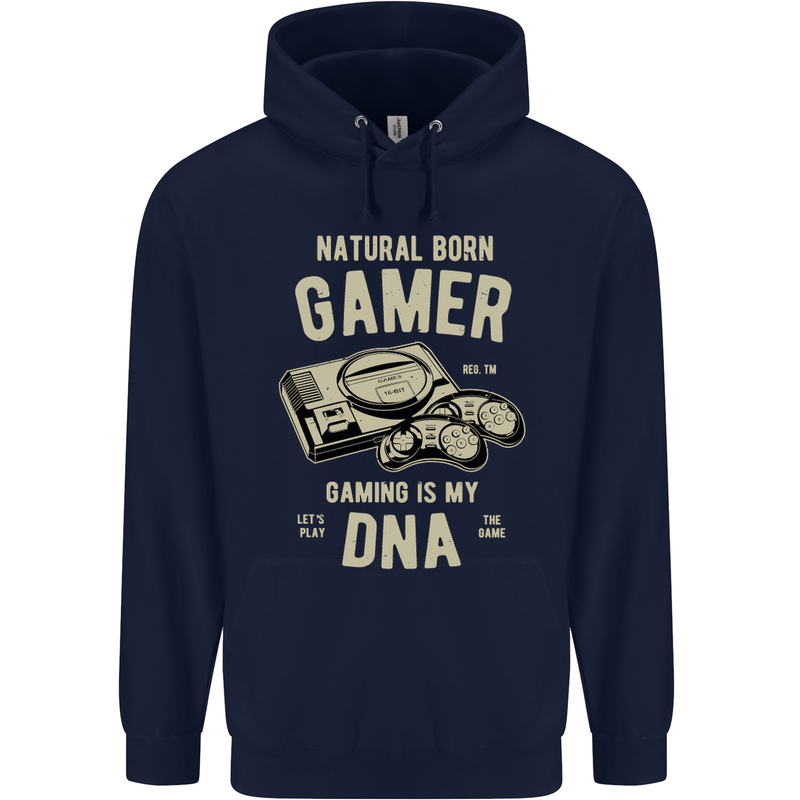 Natural Born Gamer Funny Gaming Mens 80% Cotton Hoodie Navy Blue