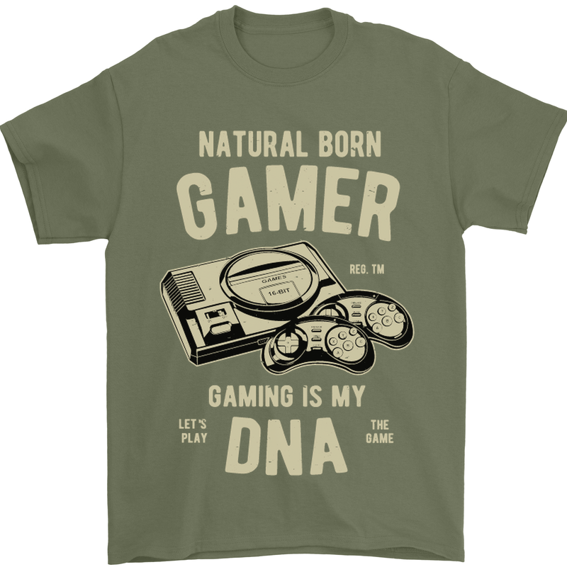 Natural Born Gamer Funny Gaming Mens T-Shirt Cotton Gildan Military Green