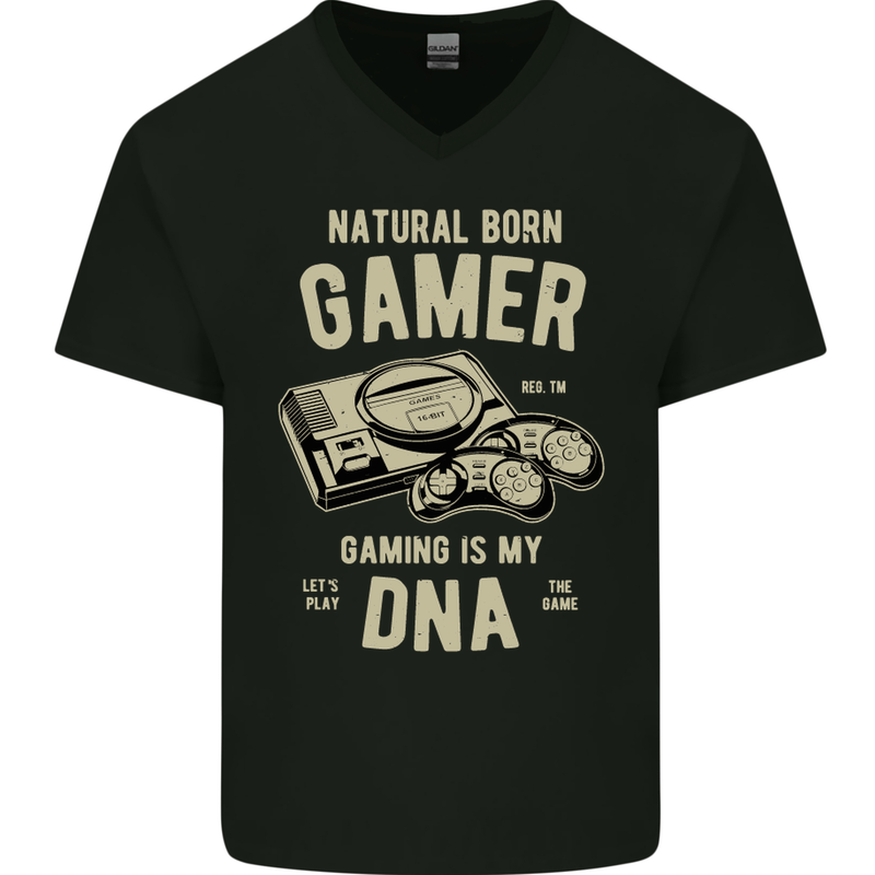 Natural Born Gamer Funny Gaming Mens V-Neck Cotton T-Shirt Black
