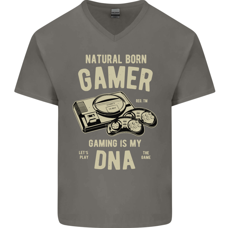 Natural Born Gamer Funny Gaming Mens V-Neck Cotton T-Shirt Charcoal