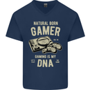 Natural Born Gamer Funny Gaming Mens V-Neck Cotton T-Shirt Navy Blue