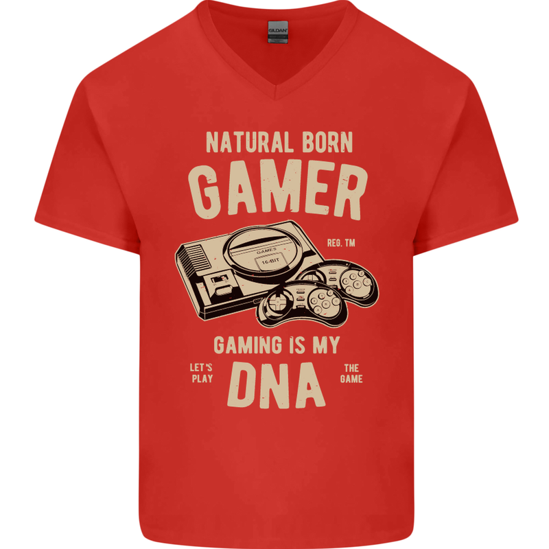 Natural Born Gamer Funny Gaming Mens V-Neck Cotton T-Shirt Red
