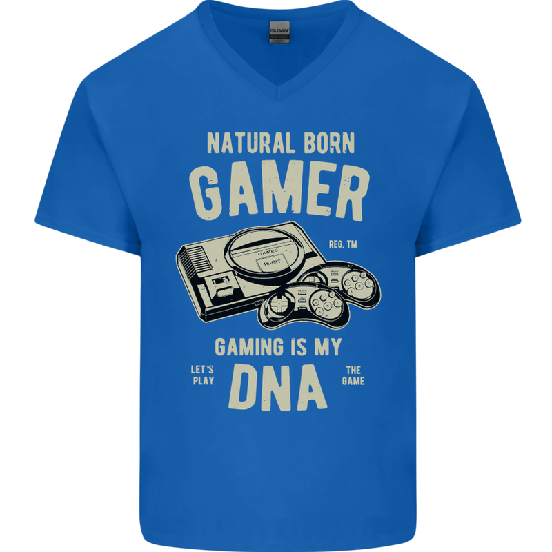 Natural Born Gamer Funny Gaming Mens V-Neck Cotton T-Shirt Royal Blue