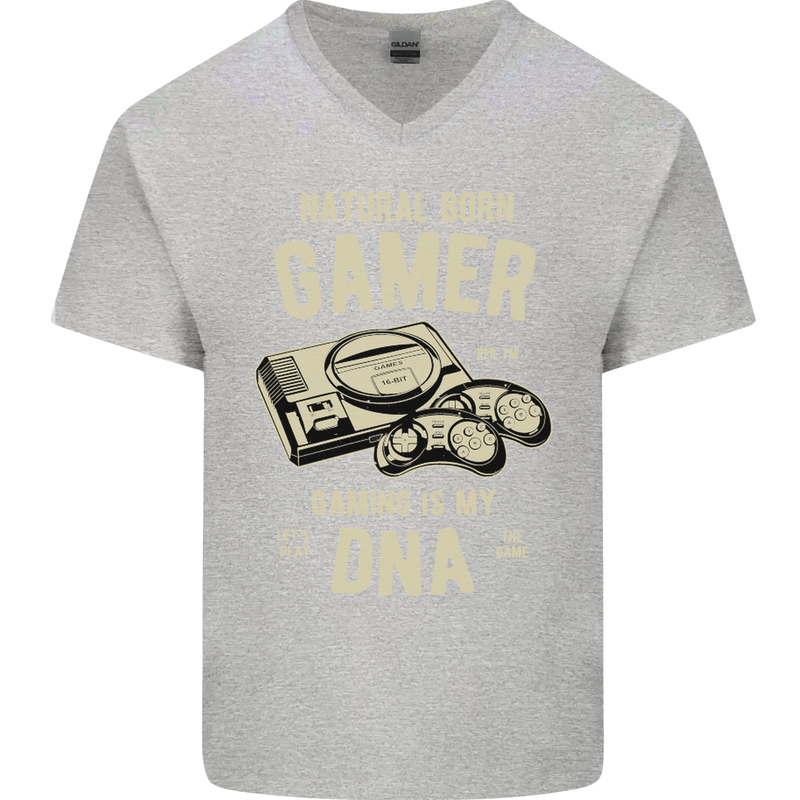 Natural Born Gamer Funny Gaming Mens V-Neck Cotton T-Shirt Sports Grey
