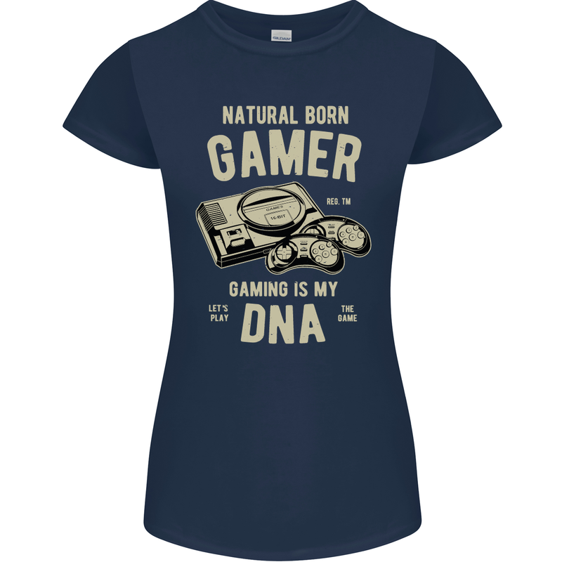 Natural Born Gamer Funny Gaming Womens Petite Cut T-Shirt Navy Blue