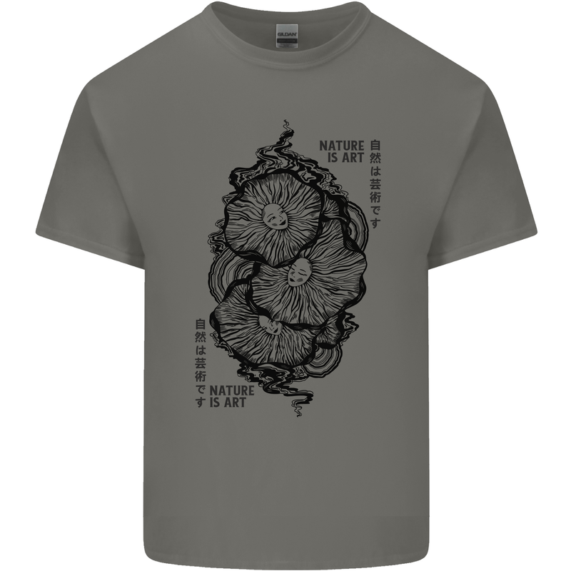 Nature is Art Mushroom Fungi Mycology Mens Cotton T-Shirt Tee Top Charcoal