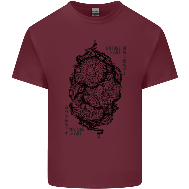 Nature is Art Mushroom Fungi Mycology Mens Cotton T-Shirt Tee Top Maroon