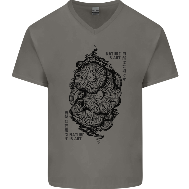 Nature is Art Mushroom Fungi Mycology Mens V-Neck Cotton T-Shirt Charcoal