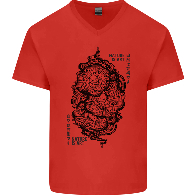 Nature is Art Mushroom Fungi Mycology Mens V-Neck Cotton T-Shirt Red