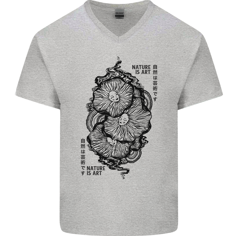 Nature is Art Mushroom Fungi Mycology Mens V-Neck Cotton T-Shirt Sports Grey