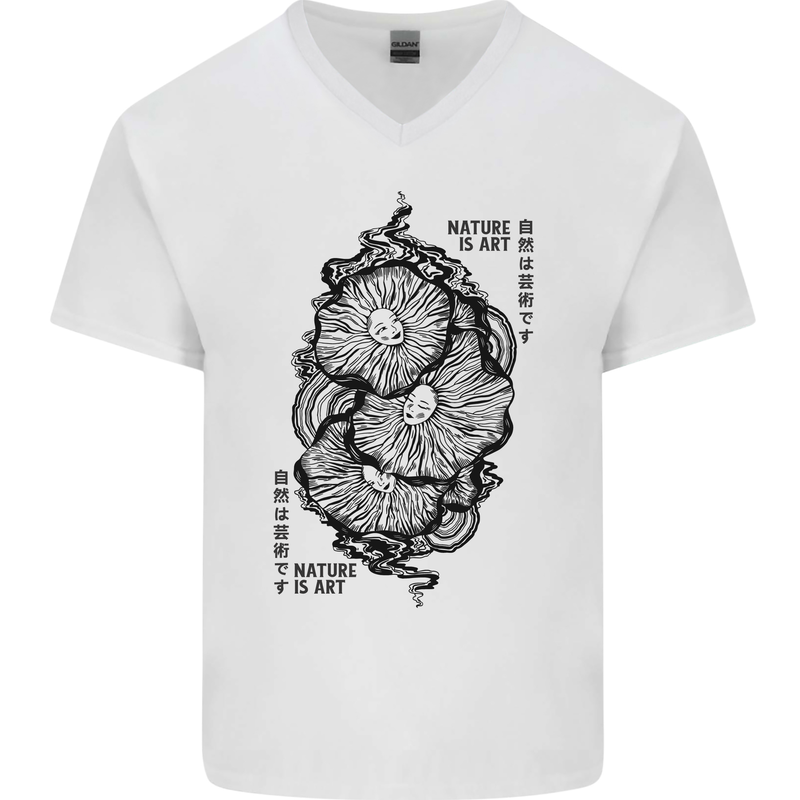 Nature is Art Mushroom Fungi Mycology Mens V-Neck Cotton T-Shirt White