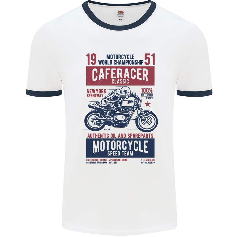 Biker Cafe Racer 1951 Motorbike Motorcycle Mens White Ringer T-Shirt White/Navy Blue