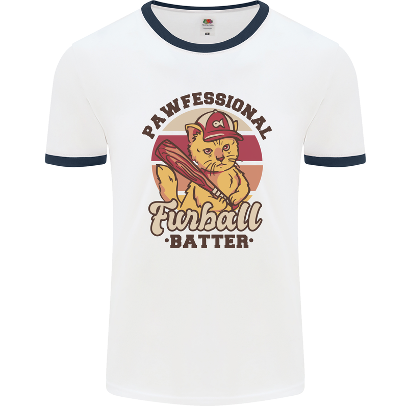 Furball Batter Funny Cat Baseball Humour Mens Ringer T-Shirt White/Navy Blue