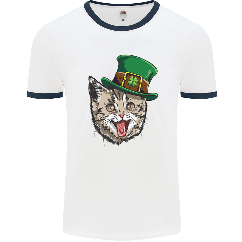 St Patricks Day Cat Funny Irish Mens White Ringer T-Shirt White/Navy Blue