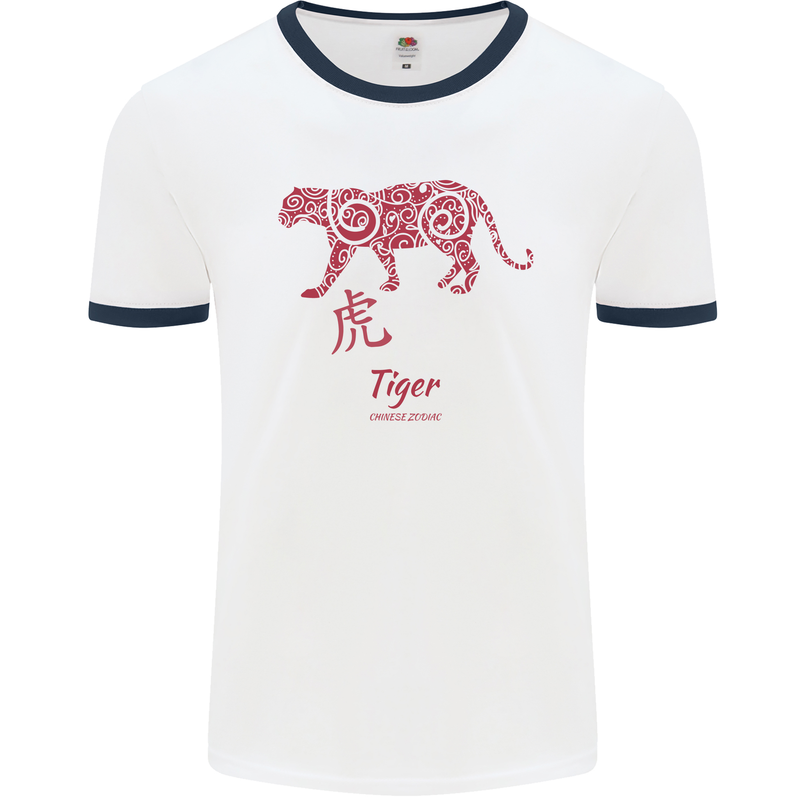 Chinese Zodiac Shengxiao Year of the Tiger Mens White Ringer T-Shirt White/Navy Blue