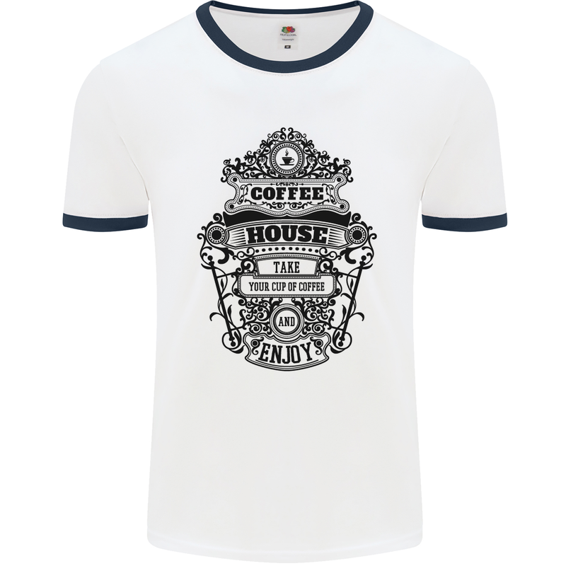 Coffee House Mens White Ringer T-Shirt White/Navy Blue