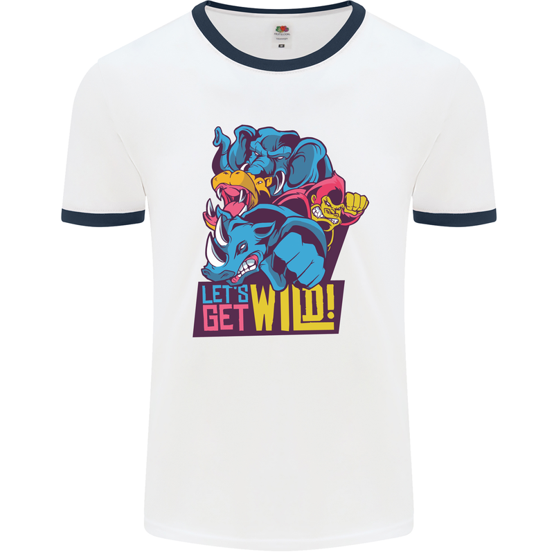 Lets Get Wild Rhino Gorilla Elephant Hippo Mens White Ringer T-Shirt White/Navy Blue