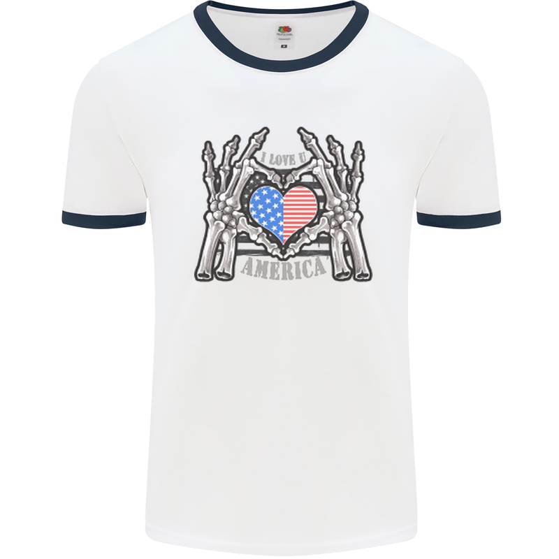 I Love You America 4th of July USA Flag Mens White Ringer T-Shirt White/Navy Blue