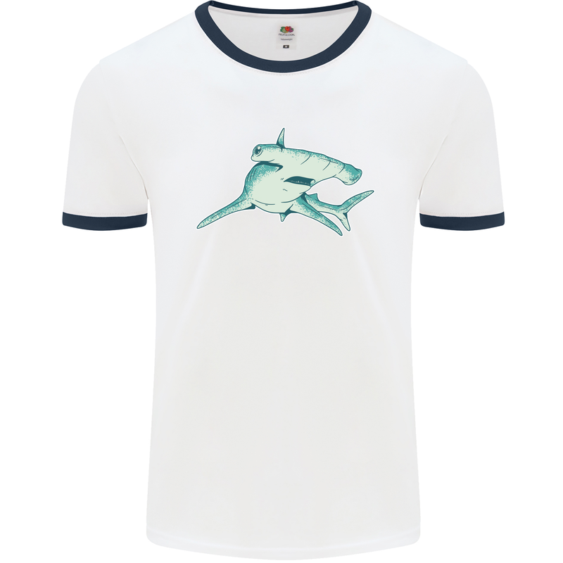 A Hammerhead Shark Mens White Ringer T-Shirt White/Navy Blue