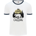 The Woods Calling Camping Trekking Bear Mens Ringer T-Shirt White/Navy Blue