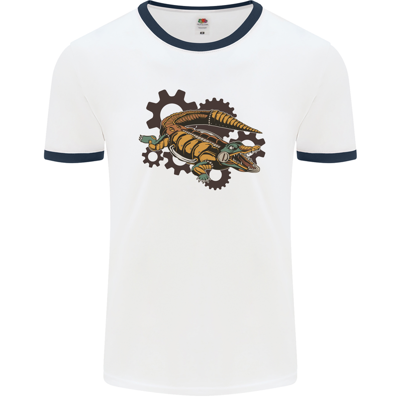 Steampunk Crocodile Alligator Mens Ringer T-Shirt White/Navy Blue