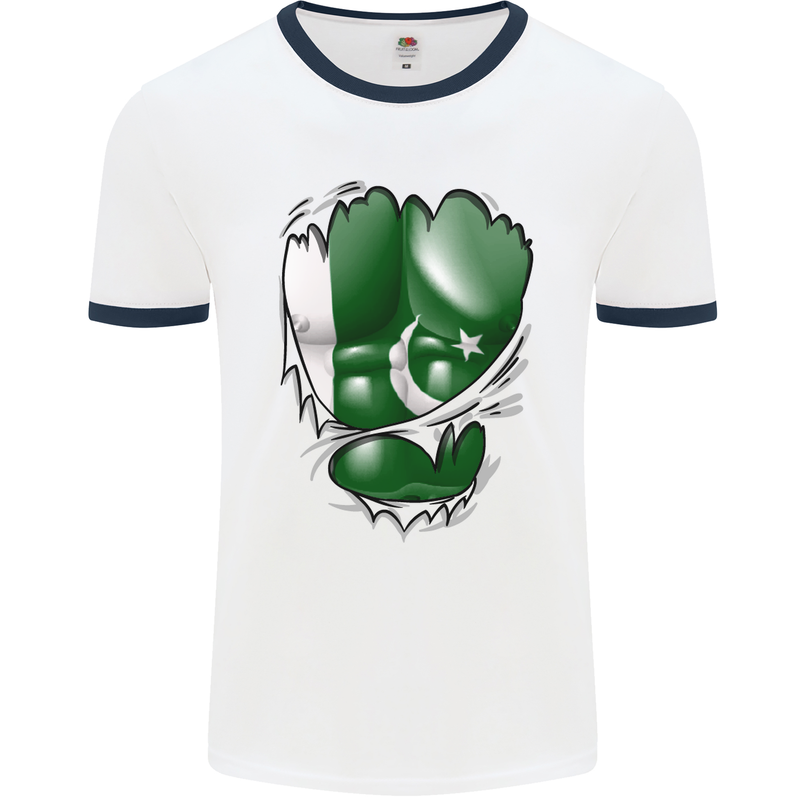 Gym The Pakistan Flag Ripped Muscles Effect Mens White Ringer T-Shirt White/Navy Blue