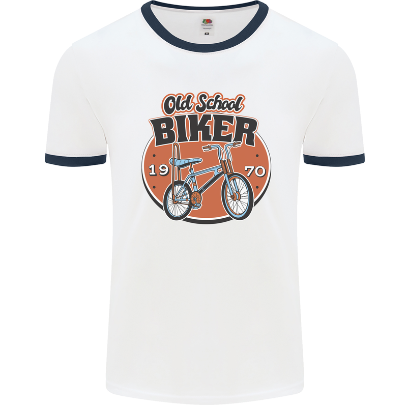 Old School Biker Bicycle Chopper Cycling Mens White Ringer T-Shirt White/Navy Blue