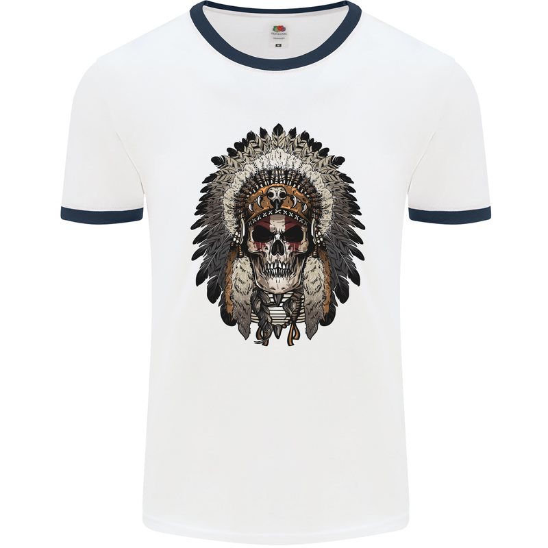 Native American Indian Skull Headdress Mens White Ringer T-Shirt White/Navy Blue