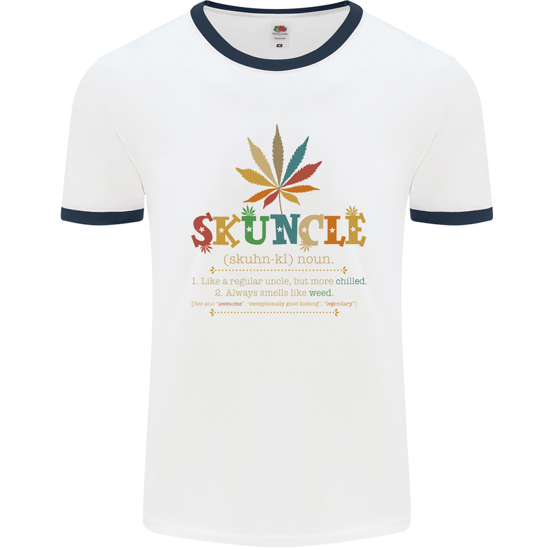 Skuncle Uncle That Smokes Weed Funny Drugs Mens White Ringer T-Shirt White/Navy Blue