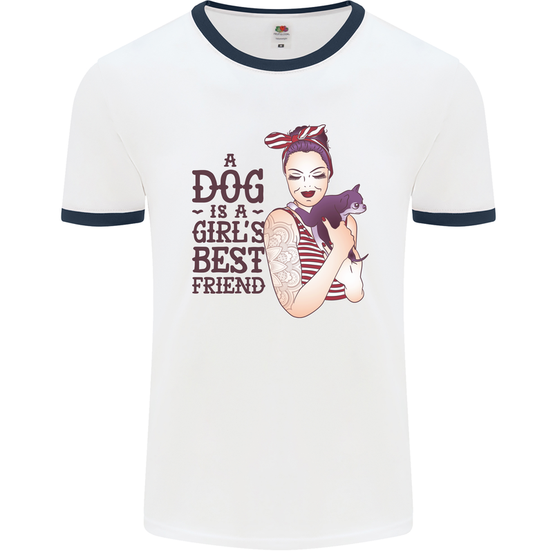 A Dog Is a Girl's Best Friend Chihuahua Mens White Ringer T-Shirt White/Navy Blue