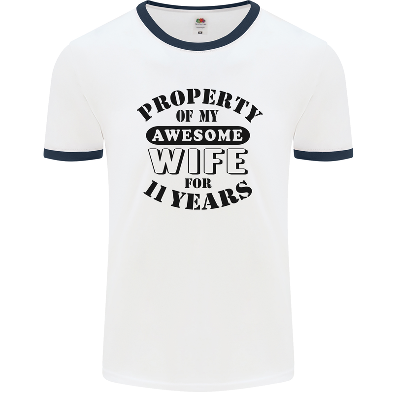 11th Wedding Anniversary 11 Year Funny Wife Mens Ringer T-Shirt White/Navy Blue