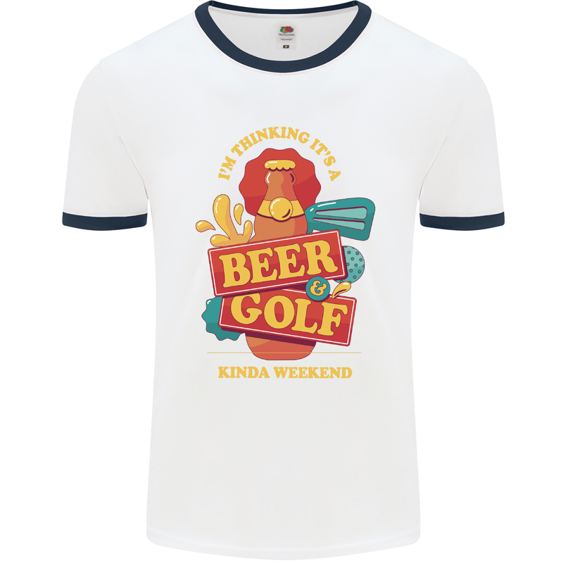 Beer and Golf Kinda Weekend Funny Golfer Mens White Ringer T-Shirt White/Navy Blue