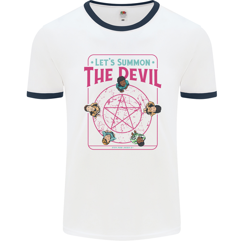 Let's Summon the Devil Ouija Board Demons Mens White Ringer T-Shirt White/Navy Blue