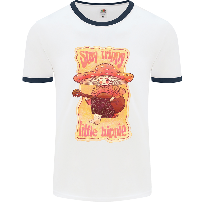 Stay Trippy Little Hippy Magic Mushroom LSD Mens White Ringer T-Shirt White/Navy Blue