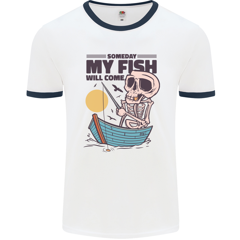 Fishing My Fish Will Come Funny Fisherman Mens White Ringer T-Shirt White/Navy Blue