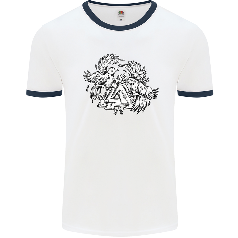 Vikings Valknut Symbol With Ravens Mens White Ringer T-Shirt White/Navy Blue