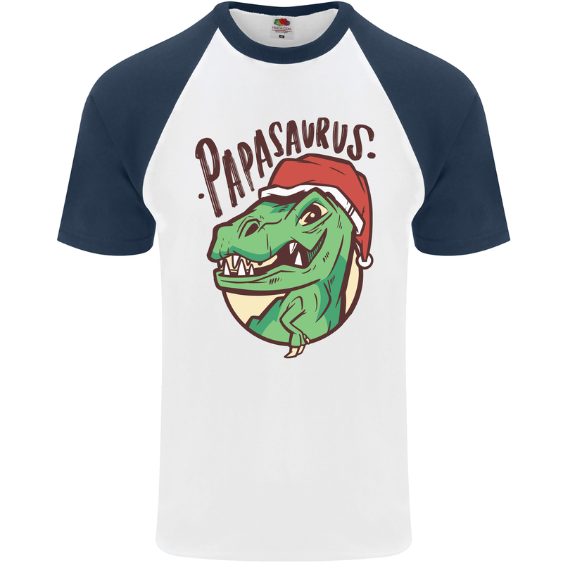 Christmas Papasaurus T-Rex Dinosaur Mens S/S Baseball T-Shirt White/Navy Blue