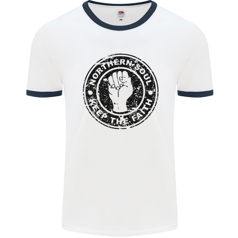 Northern Soul Keeping the Faith Mens White Ringer T-Shirt White/Navy Blue