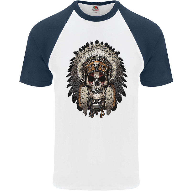 Native American Indian Skull Headdress Mens S/S Baseball T-Shirt White/Navy Blue