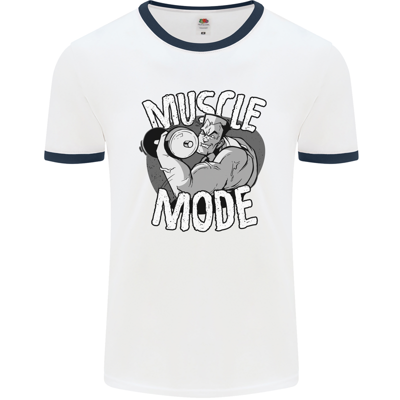 Gym Muscle Mode Bodybuilding Weightlifting Mens White Ringer T-Shirt White/Navy Blue