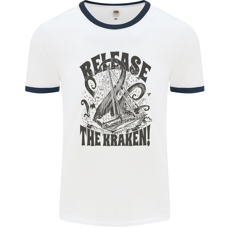 Release the Kraken Cthulhu Sea Creature Mens White Ringer T-Shirt White/Navy Blue