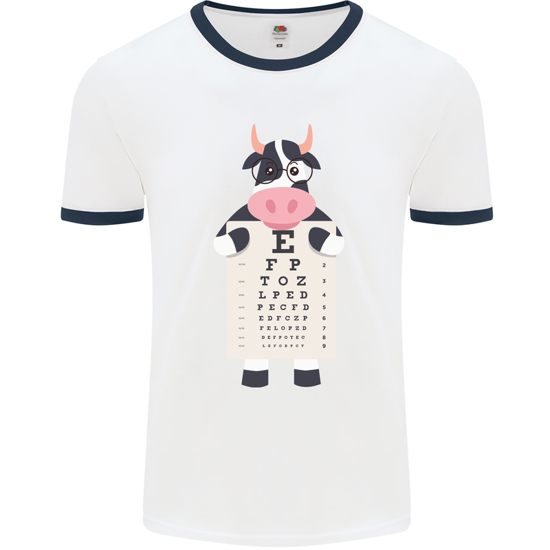 A Cow Holding a Snellen Eye Chart Glasses Mens White Ringer T-Shirt White/Navy Blue