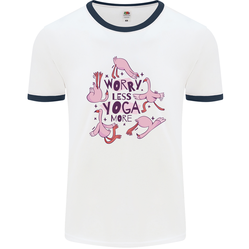 Worry Less Yoga More Mens Ringer T-Shirt White/Navy Blue