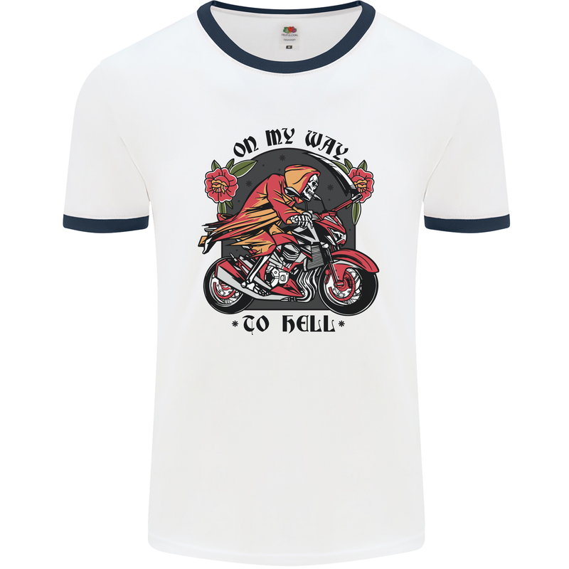 Biker On My Way to Hell Motorbike Skull Mens White Ringer T-Shirt White/Navy Blue