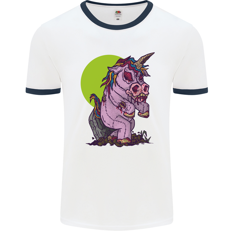 A Zombie Unicorn Funny Halloween Horror Mens White Ringer T-Shirt White/Navy Blue