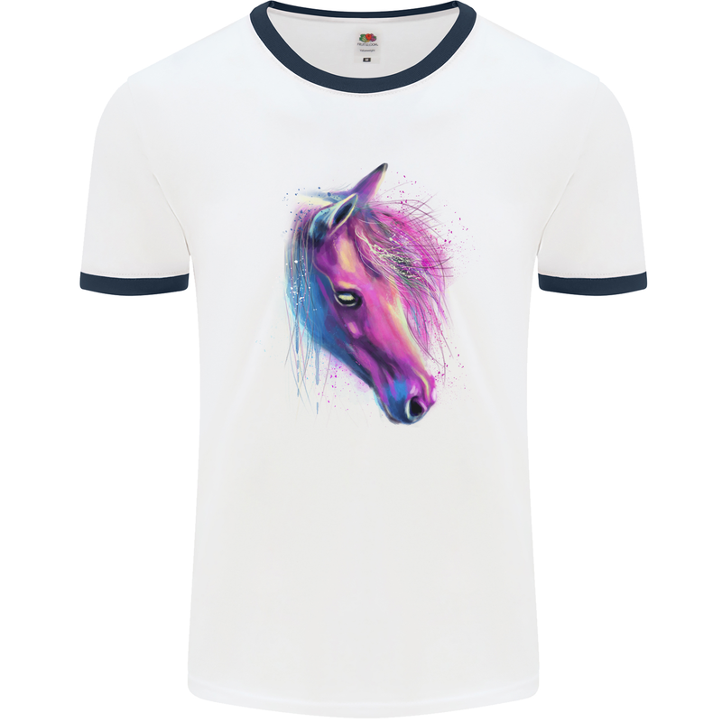 Watercolour Horse Mens White Ringer T-Shirt White/Navy Blue