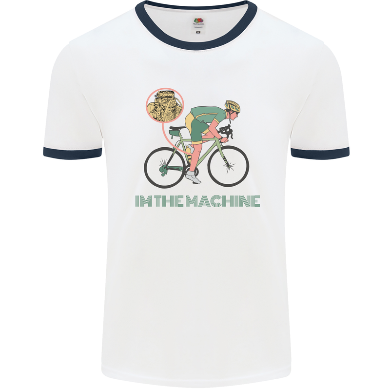 Cycling I'm the Machine Cyclist Funny Mens White Ringer T-Shirt White/Navy Blue