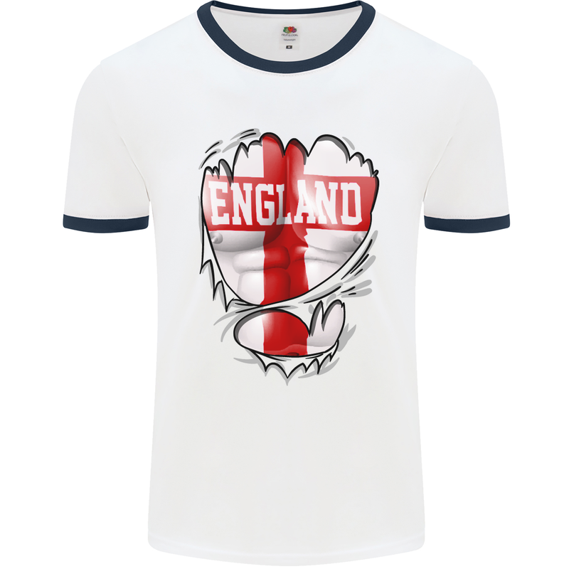 Gym St. George's Cross English Flag England Mens White Ringer T-Shirt White/Navy Blue