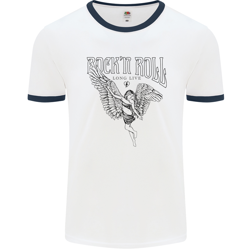 Long Live Rock n Roll Angel Mens Ringer T-Shirt White/Navy Blue