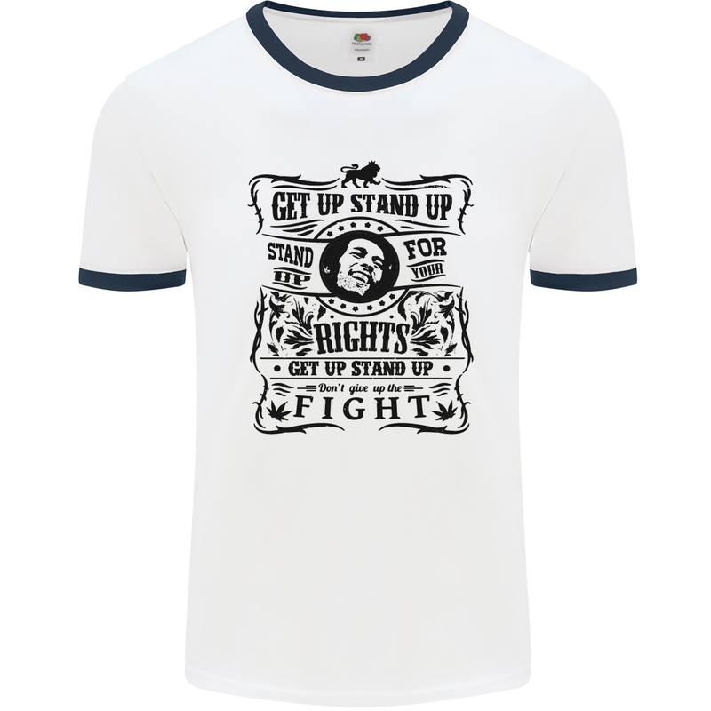 Get up Stand up Reggae Music Mens White Ringer T-Shirt White/Navy Blue